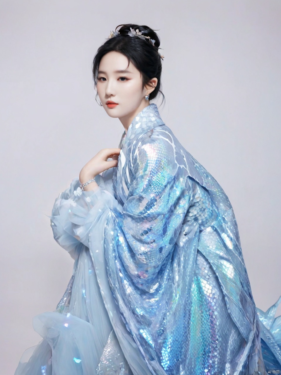  Transparent blue and white porcelain PVC skin, transparent blue and white porcelain colored skin scales, prisms, holography, color difference, fashion illustrations, masterpieces, Chinese dragon and Harajuku fashion, looking at the audience, 8k, super detailed, pixiv