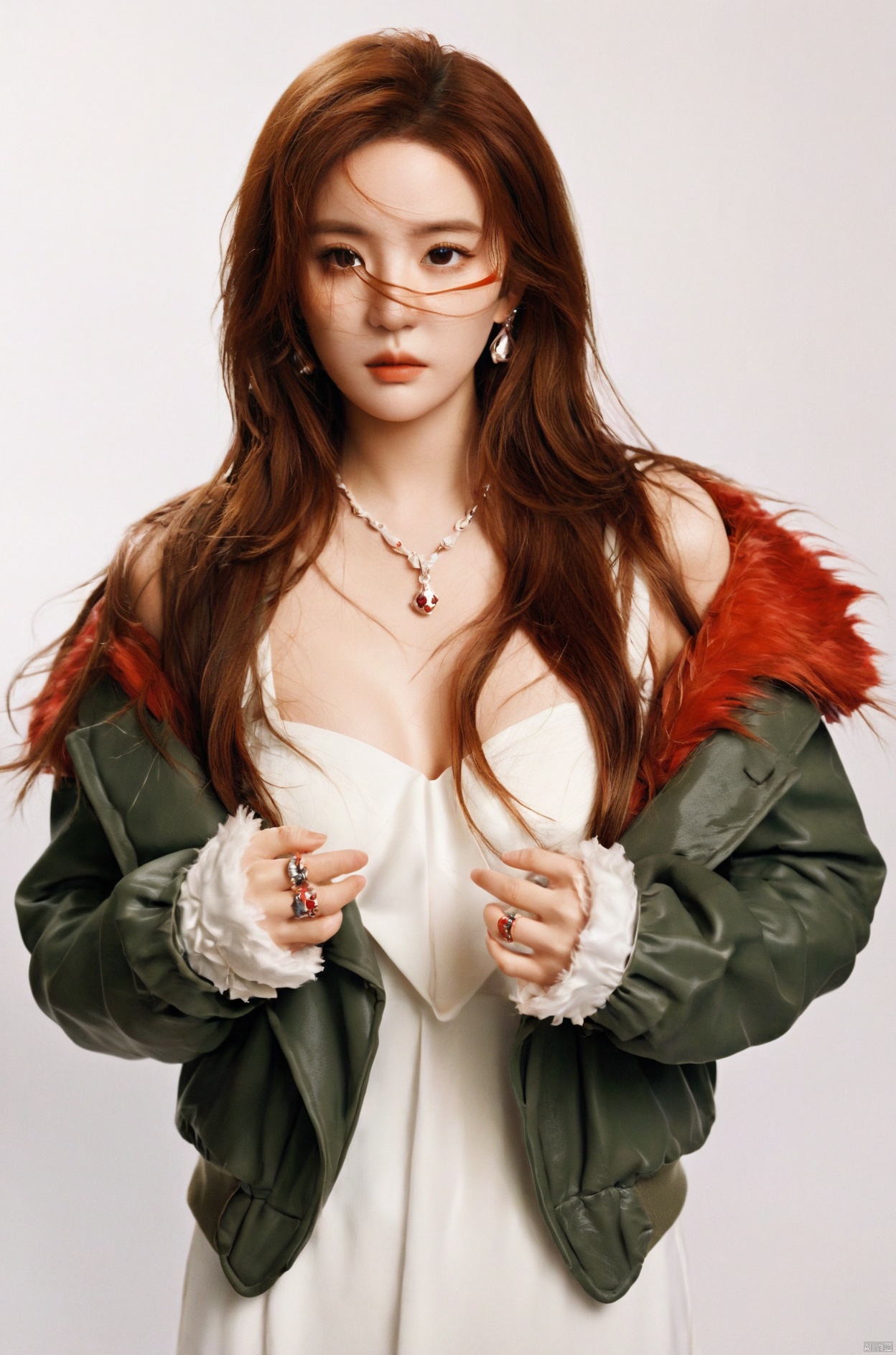  (best quality),((masterpiece)),(highres),illustration,original,extremely detailed,1girl,solo,eyepatch,jewelry,long hair,breasts,red eyes,necklace,red hair,cleavage,skull,jacket,medium breasts,white background,fur trim,upper body,wristband,simple background,
