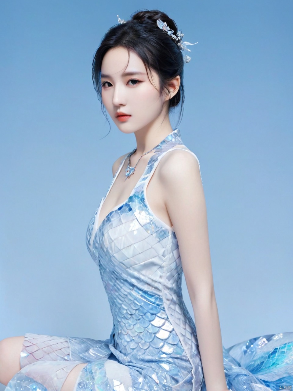  Transparent blue and white porcelain PVC skin, transparent blue and white porcelain colored skin scales, prisms, holography, color difference, fashion illustrations, masterpieces, Chinese dragon and Harajuku fashion, looking at the audience, 8k, super detailed, pixiv