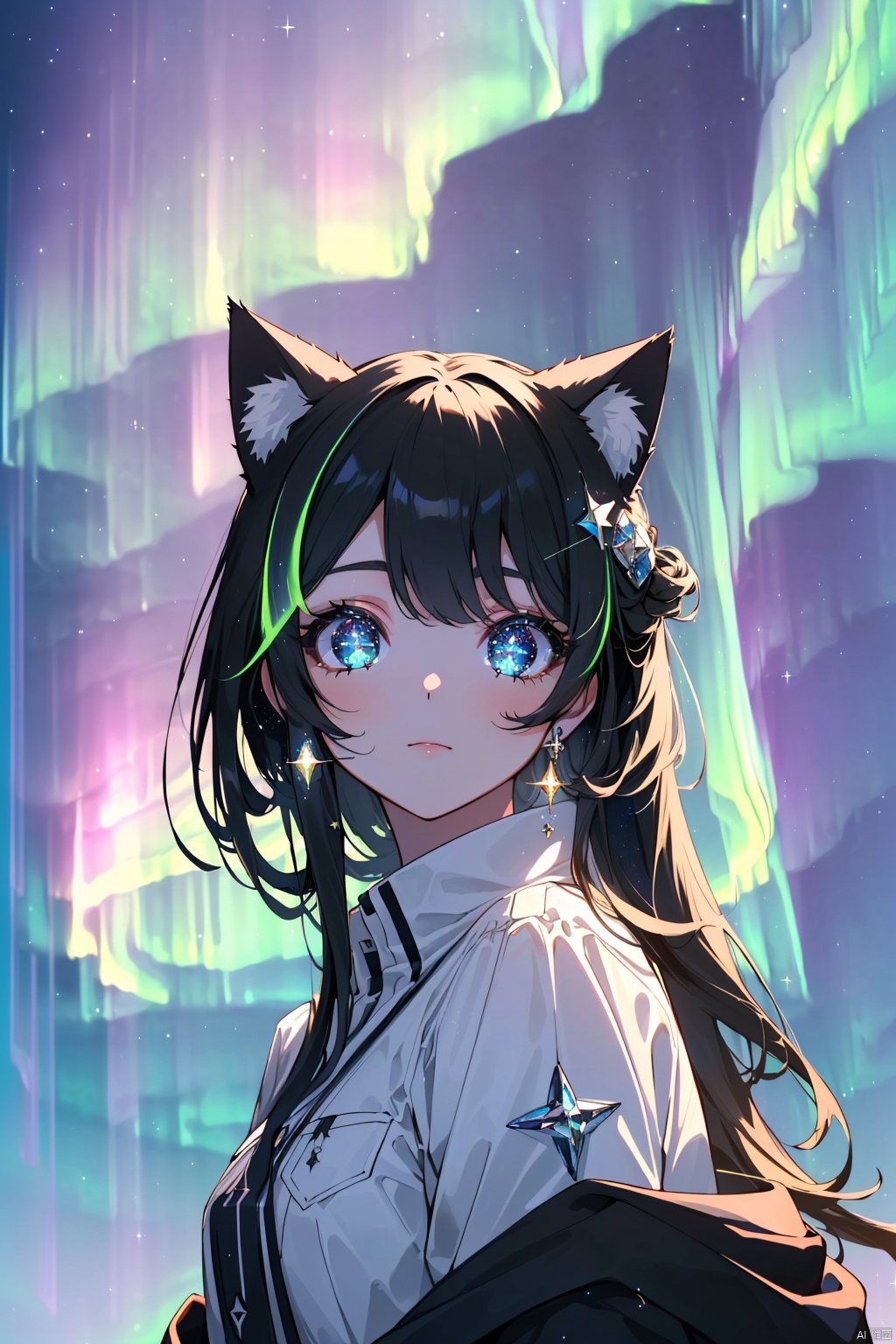  (((High quality image)))((((sparkling eyes)))(((beautiful starry sky)))((((beautiful aurora borealis))) cat ears, long black hair, clothes with diamonds.,, extremely detailled eyes, higrees, extremely detailled hairs, sharp focus, light particles, light reflects, light reflects, radient light, hair ornament,, most detalied shadows, hd quality, 8k