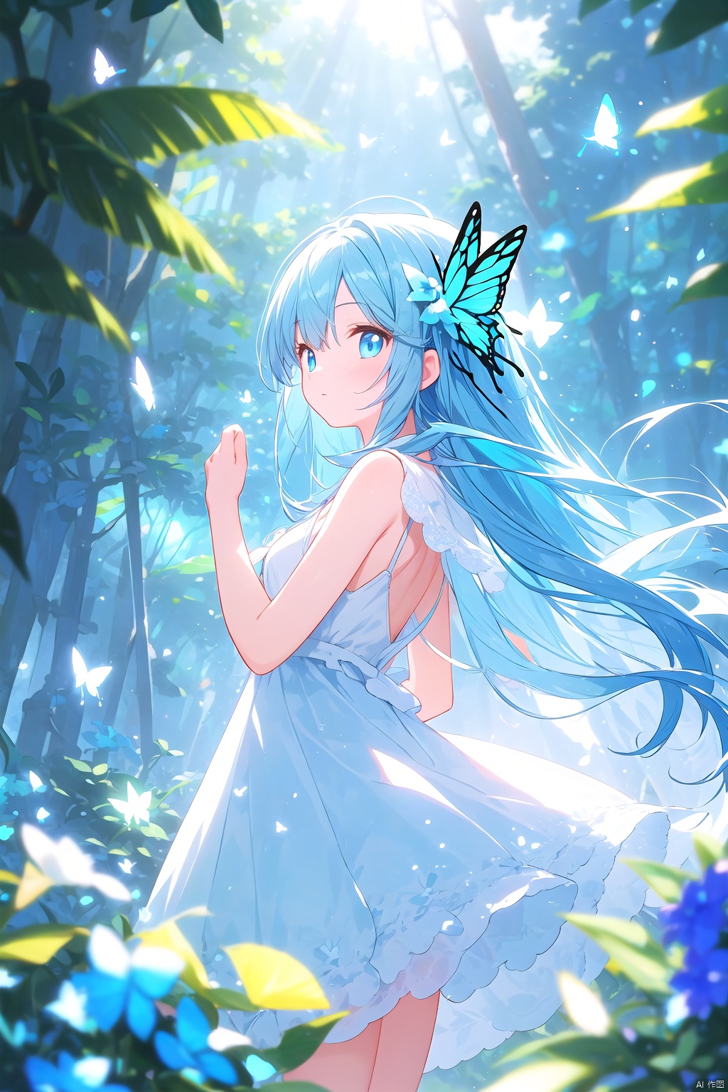 wide shot,(depth of field),global illumination,soft shadows,grand scene,backlight,lens flare,((colorful refraction)),((cinematic lighting)),forest,from side,looking outside,with butterfly,1girl with lightblue long hair and blue aqua eyes,hair flowers,hime cut,sunlight,blurry background,blurry,white dress,