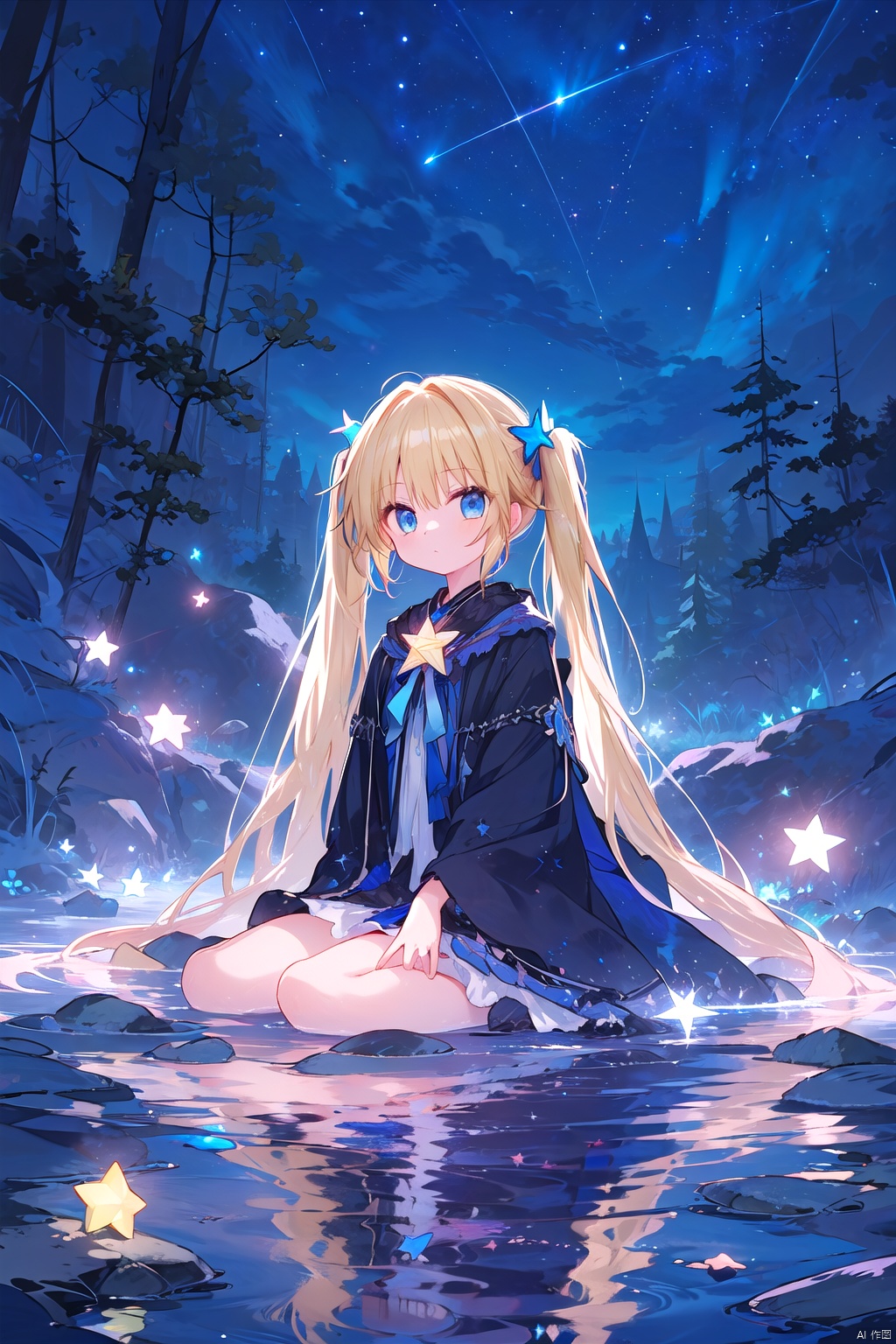  (masterpiece:1.2),best quality, 1girl,blonde hair,blue eyes,(very long twin tails),sharp hair,sitting,rocks,river,((reflection,night,star_(sky))),