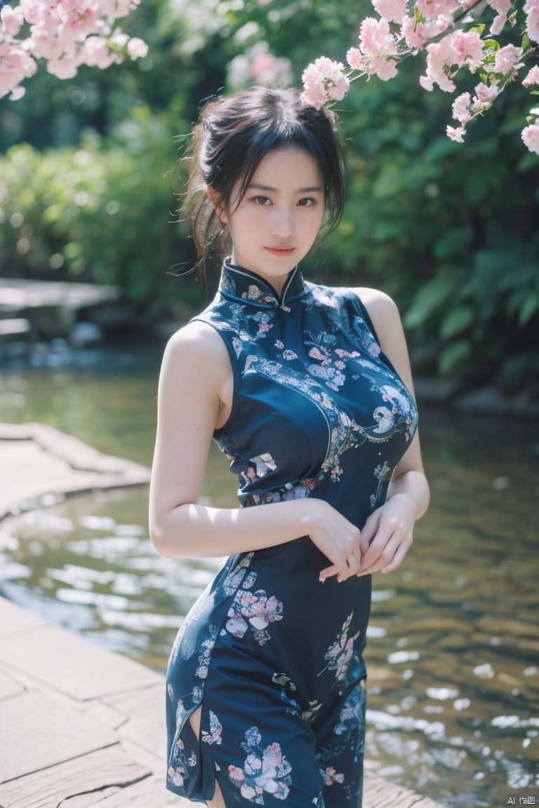 best quality, masterpiece, ultra high res,1girl, big breast, looking at viewer, 
An exquisite portrayal of a captivating Asian beauty. The photograph showcases a stunning woman with flawless porcelain skin and elegant features. Her lustrous black hair cascades down her shoulders, complementing the traditional silk cheongsam she wears. The dress is adorned with intricate floral patterns in vibrant colors, representing grace and femininity.
The background depicts a serene oriental garden, complete with lush greenery, blooming cherry blossom trees, and a tranquil koi pond. Soft sunlight filters through the branches, creating a dreamlike atmosphere.
The skilled photographer expertly captures the model's delicate yet confident expression, utilizing a shallow depth of field to highlight her beauty while maintaining a harmonious composition..Takeuchi style 