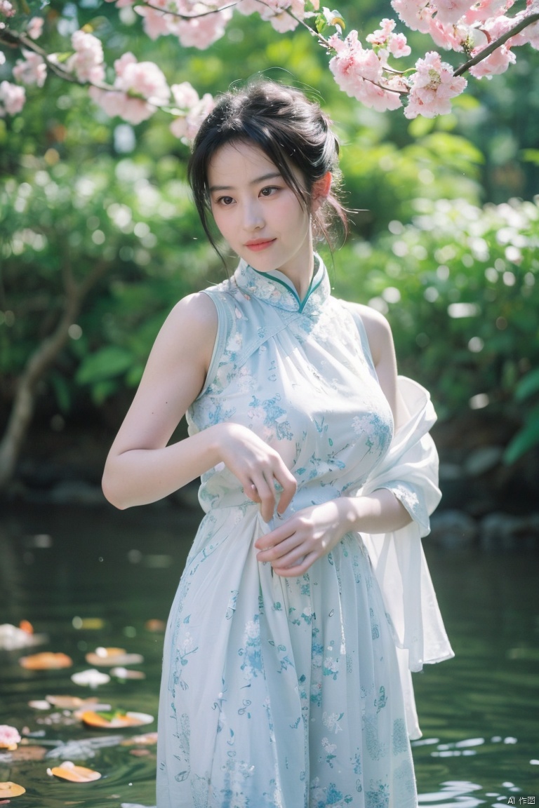 best quality, masterpiece, ultra high res,1girl, big breast, looking at viewer, 
An exquisite portrayal of a captivating Asian beauty. The photograph showcases a stunning woman with flawless porcelain skin and elegant features. Her lustrous black hair cascades down her shoulders, complementing the traditional silk cheongsam she wears. The dress is adorned with intricate floral patterns in vibrant colors, representing grace and femininity.
The background depicts a serene oriental garden, complete with lush greenery, blooming cherry blossom trees, and a tranquil koi pond. Soft sunlight filters through the branches, creating a dreamlike atmosphere.
The skilled photographer expertly captures the model's delicate yet confident expression, utilizing a shallow depth of field to highlight her beauty while maintaining a harmonious composition..Takeuchi style 