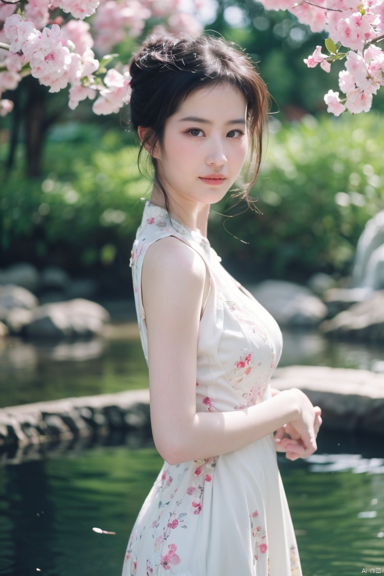 best quality, masterpiece, ultra high res,1girl, big breast, looking at viewer, 
An exquisite portrayal of a captivating Asian beauty. The photograph showcases a stunning woman with flawless porcelain skin and elegant features. Her lustrous black hair cascades down her shoulders, complementing the traditional silk cheongsam she wears. The dress is adorned with intricate floral patterns in vibrant colors, representing grace and femininity.
The background depicts a serene oriental garden, complete with lush greenery, blooming cherry blossom trees, and a tranquil koi pond. Soft sunlight filters through the branches, creating a dreamlike atmosphere.
The skilled photographer expertly captures the model's delicate yet confident expression, utilizing a shallow depth of field to highlight her beauty while maintaining a harmonious composition..Takeuchi style 