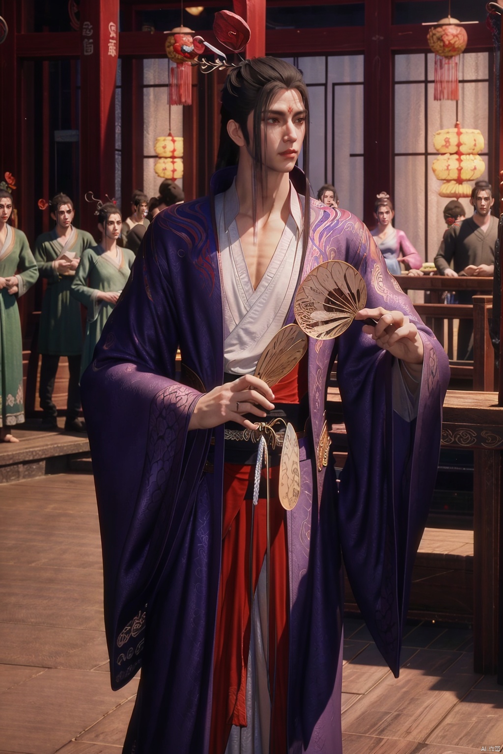  standing, holding, hand fan, , (((solo))), hanfu, wide sleeves, jewelry, black hair, chinese clothes, long sleeves, hair ornament, , ,masterpiece,absurdres,best quality,highres,HDR,UHD,8K,best quality,masterpiece,realistic,best quality,masterpiece,male focus, hair ornament,