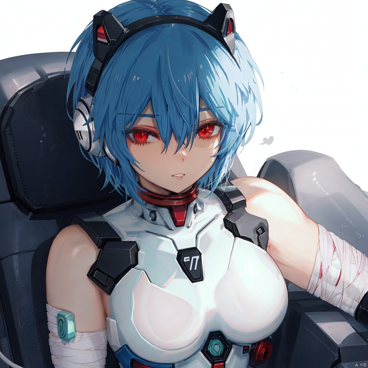 1girl, ayanami rei, solo, red eyes, plugsuit, blue hair, bandages, breasts, white bodysuit, short hair, bodysuit, medium breasts, upper body, looking at viewer, bangs, hair between eyes, bandaged arm, bare shoulders, interface headset, parted lips,