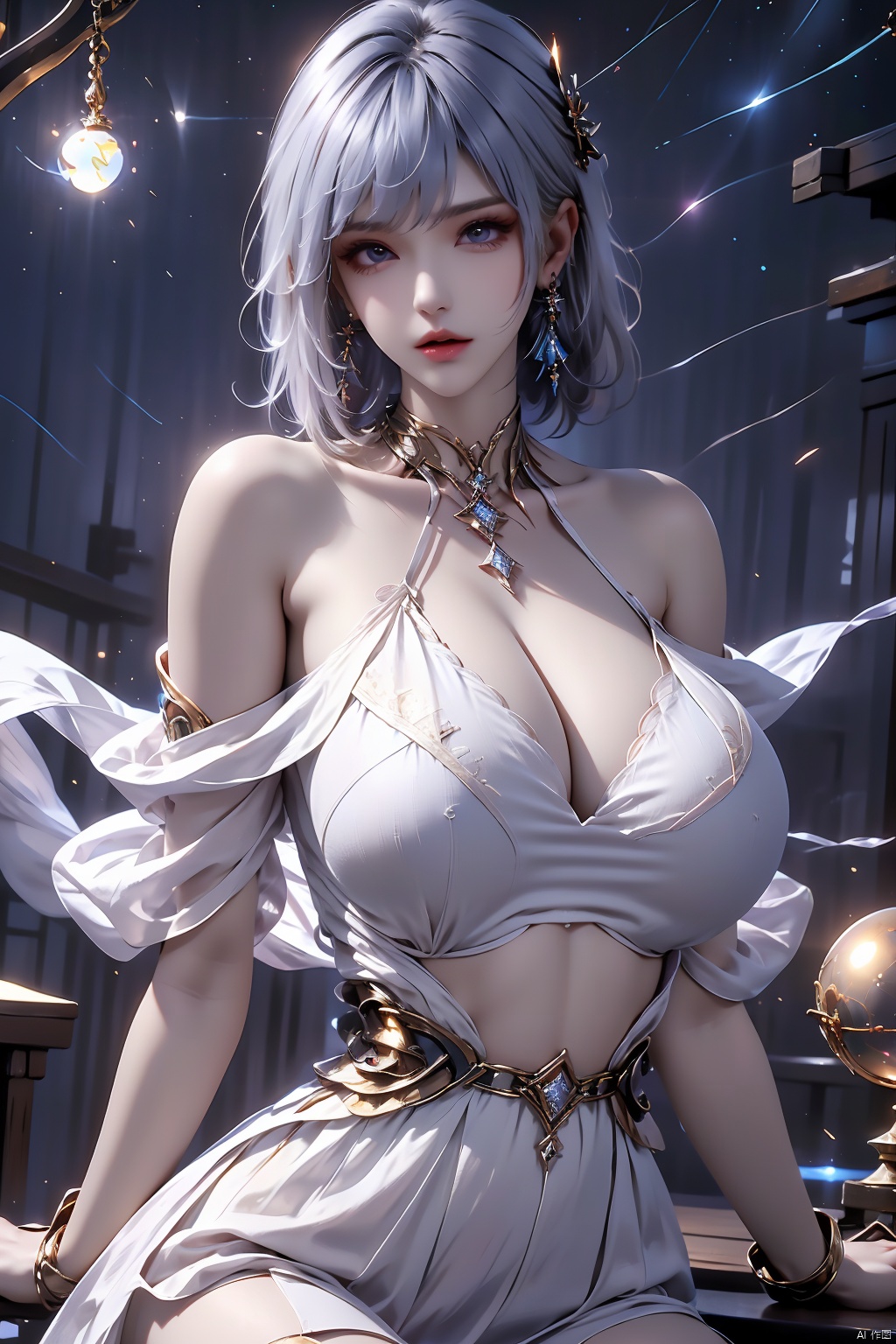 1girl, Bangs,  off shoulder,  (white hair),  (naked),  blue eyes,  chest,  earrings,  dress,  earrings,  floating hair,  jewelry,  (orb), Crystal ball,  magic ball, sleeveless,  short hair, Looking at the observer,  parted lips,  pierced, energy, electricity, magic,  tutututu,<lora:EMS-80191-EMS:0.300000>,<lora:EMS-39509-EMS:0.200000>,<lora:EMS-253788-EMS:0.800000>