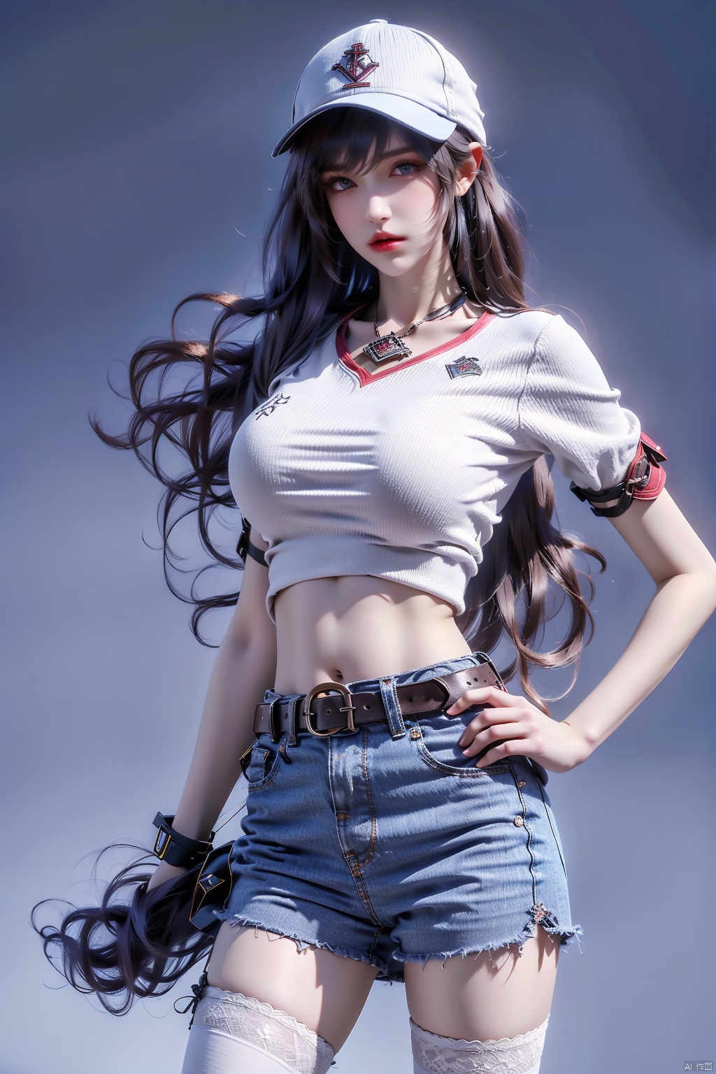 (best quality),  ((masterpiece)),  (highres),  illustration,  original,  extremely detailed, 1girl,  solo,  hat,  shorts,  blue eyes,  brown hair,  whistle,  thighhighs,  wristband,  baseball cap,  navel,  long hair,  midriff,  short shorts,  belt,  shirt,  hand on hip,  lips,  white shorts,  white background,  blue thighhighs,  looking at viewer,  tied shirt,  simple background,  Daofa Rune, big_breasts,  white sweater,<lora:EMS-253788-EMS:0.800000>,<lora:EMS-80191-EMS:0.600000>