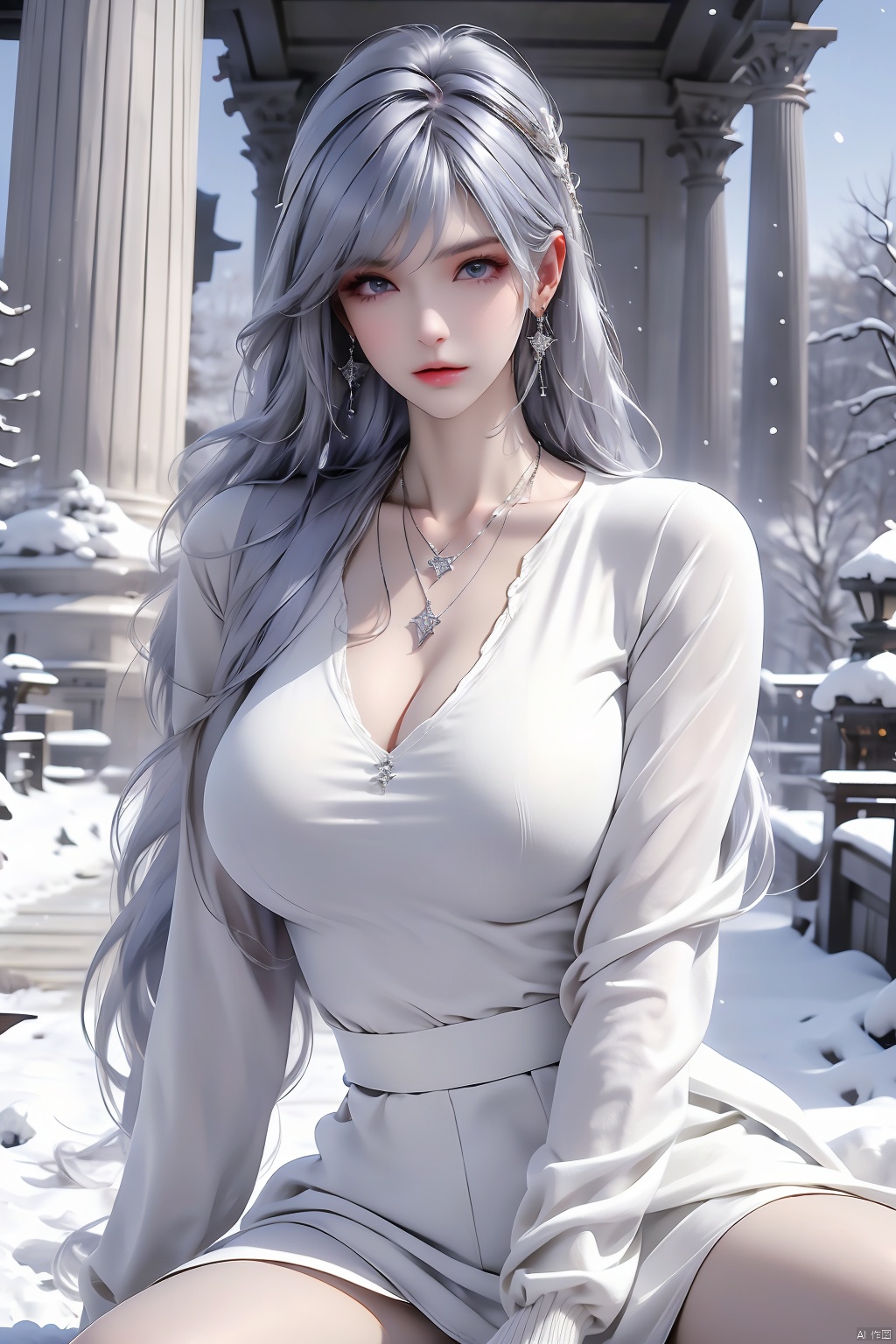 (best quality),  (real),  (masterpiece),  absurdres,  realistic,  1girl,  goddess,  Perfect face,  beautiful face,  perfect eyes,  beautiful eyes,  very long hair,  silver hair,  white hairband,  big chest,  crystal earrings,  cross necklace,  White Coat,  big scarf,  sitting,  winter,  snowy day,  Arc de Triomphe,  white sweater,<lora:EMS-80191-EMS:0.600000>,<lora:EMS-253788-EMS:0.800000>