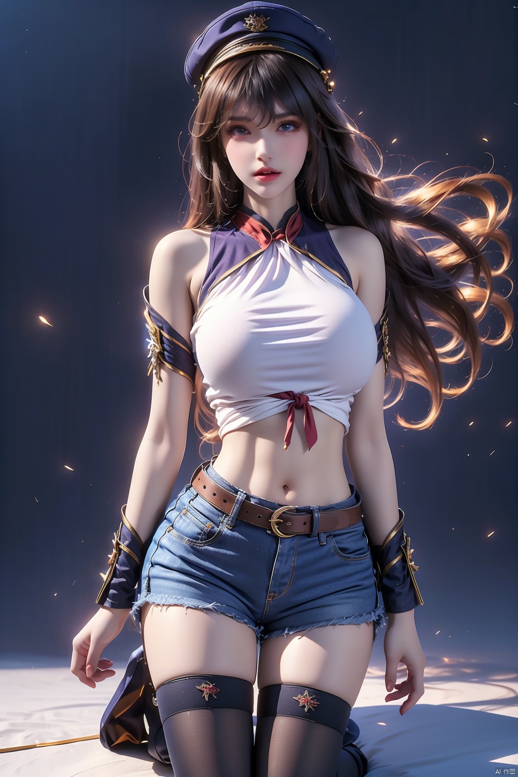 (best quality),  ((masterpiece)),  (highres),  illustration,  original,  extremely detailed, 1girl,  solo,  hat,  shorts,  blue eyes,  brown hair,  whistle,  thighhighs,  wristband,  navel,  long hair,  midriff,  short shorts,  belt,  shirt,  hand on hip,  lips,  white shorts,  white background,  blue thighhighs,  looking at viewer,  tied shirt,  simple background,  fazhen, wind, floating hair, blush, happy, kneeling on liquid,<lora:EMS-253788-EMS:0.800000>,<lora:EMS-68495-EMS:0.500000>,<lora:EMS-80191-EMS:0.500000>