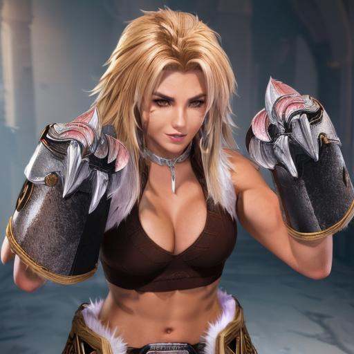 ))) fit muscular woman,  blonde long spiky hair,  brown marking on cheek on Tensor.Art