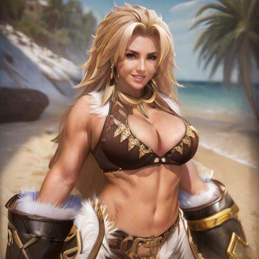 )) fit muscular woman,  blonde long spiky hair,  brown marking on cheek on Tensor.Art