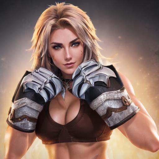 ))) fit muscular woman,  blonde long spiky hair,  brown marking on cheek on Tensor.Art