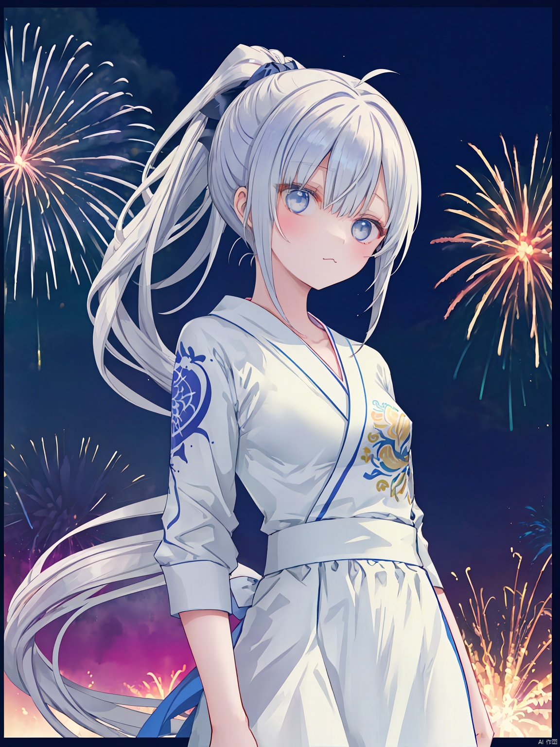  masterpiece, best quality, upper body, 1girl, obi, inverted colors, ﻿art nouveau, outside border, high ponytail, small breasts, :3, cowboy shot, firework