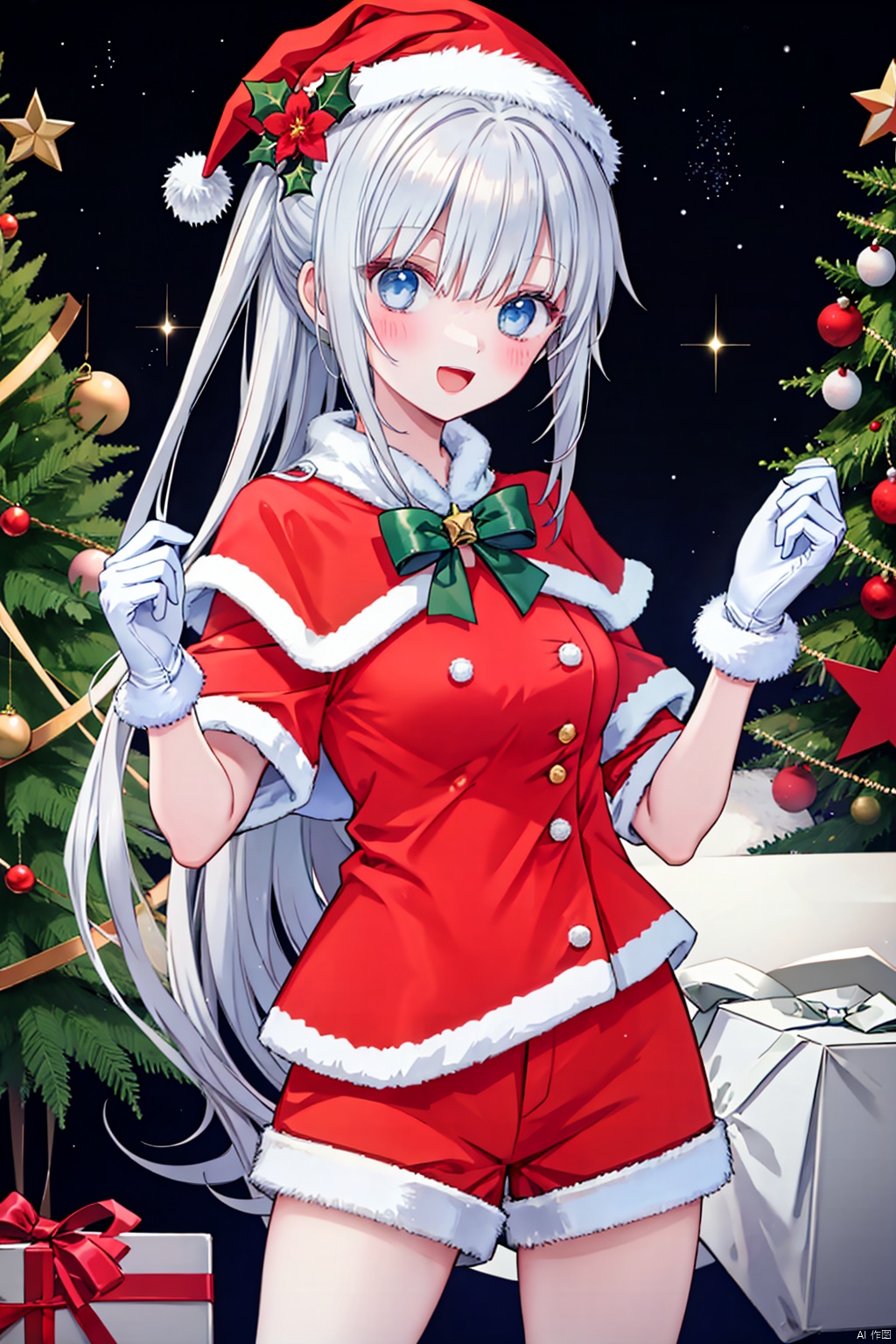 est quality, masterpiece, A girl like princess, bell, blush, christmas, christmas ornaments, christmas tree, flower, food, fur trim, gift, gloves, blue eyes, hat, holly, looking at viewer, open mouth, red flower, santa hat, shorts, smile, solo, sparkle, star \(symbol\), white glove,
