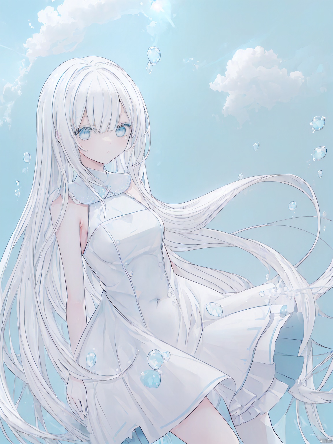 ((best quality)),  ((masterpiece)),  ((ultra-detailed)),  (illustration),  (detailed light),  (an extremely delicate and beautiful),  ((masterpiece),  illustration,  (best quality),  (painting),  (backlighting:1.1),  (Floating bubbles:1.3),  (Beautiful Sky:1.15),  cumulusm\(append\),  (,  (1girl),  solo,  (high contrast:1.2),  (high saturation:1.2),  ((black and white sdress)),  looking at viewer,  ((white and light blue theme:1.3)),  ((white and light blue background:1.5)),  white hair,  blue eyes,  full body,  black footwear,  ((the light blue water on sky and white cloud and day)):1.2),  cute face,  upper body,  two legs,  long dress,  (beautiful detailed eyes),  stars in the eyes,  messy floating hair,  colored inner hair,  Starry sky adorns hair,  (lots_of_big_colorful_Bubble),  [pearl],  [Galaxy],  depth of field,
