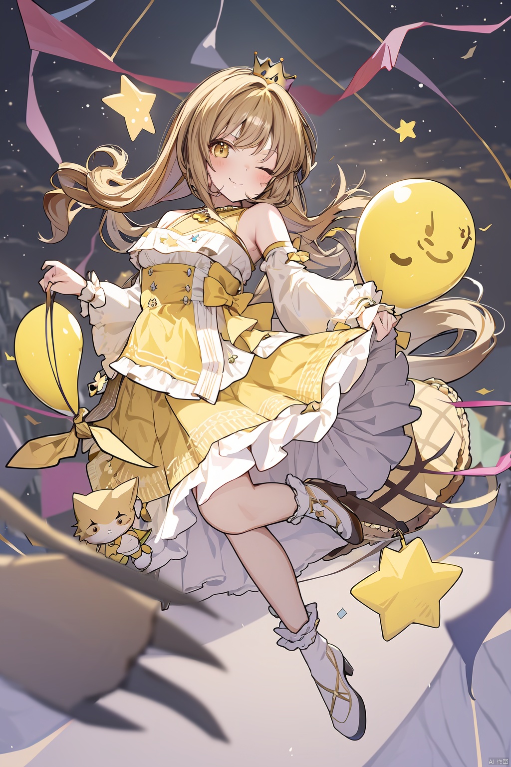  detailed eyes, 1girl, one eye closed, cat, solo, detached sleeves, smile, holding, looking at viewer, balloon, brown eyes, crown, holding animal, blush, bangs, animal, dress, star (symbol), closed mouth, long hair, wrist cuffs, frills, morikubo nono, skirt, layered skirt, blurry, blonde hair, ;), light brown hair, brown hair, full body, bare shoulders, white background, yellow eyes
