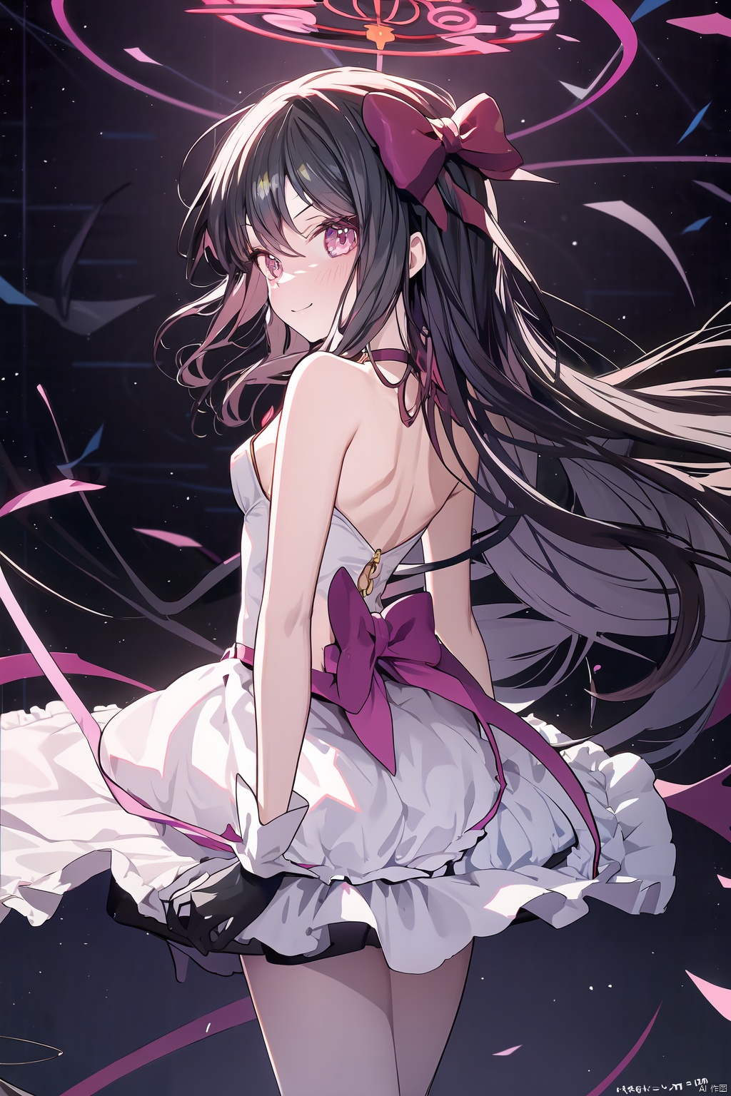  1girl,akemi_homura,akuma_homura,anmi,artist_name,back,bare_shoulders,black_gloves,black_hair,bow,breasts,choker,dark_orb_(madoka_magica),dress,elbow_gloves,floating_hair,from_behind,gloves,hair_bow,highres,long_hair,looking_at_viewer,looking_back,mahou_shoujo_madoka_magica,mahou_shoujo_madoka_magica:_hangyaku_no_monogatari,md5_mismatch,official_art,photoshop_(medium),purple_eyes,ribbon,scan,signature,small_breasts,smile,solo,wings
