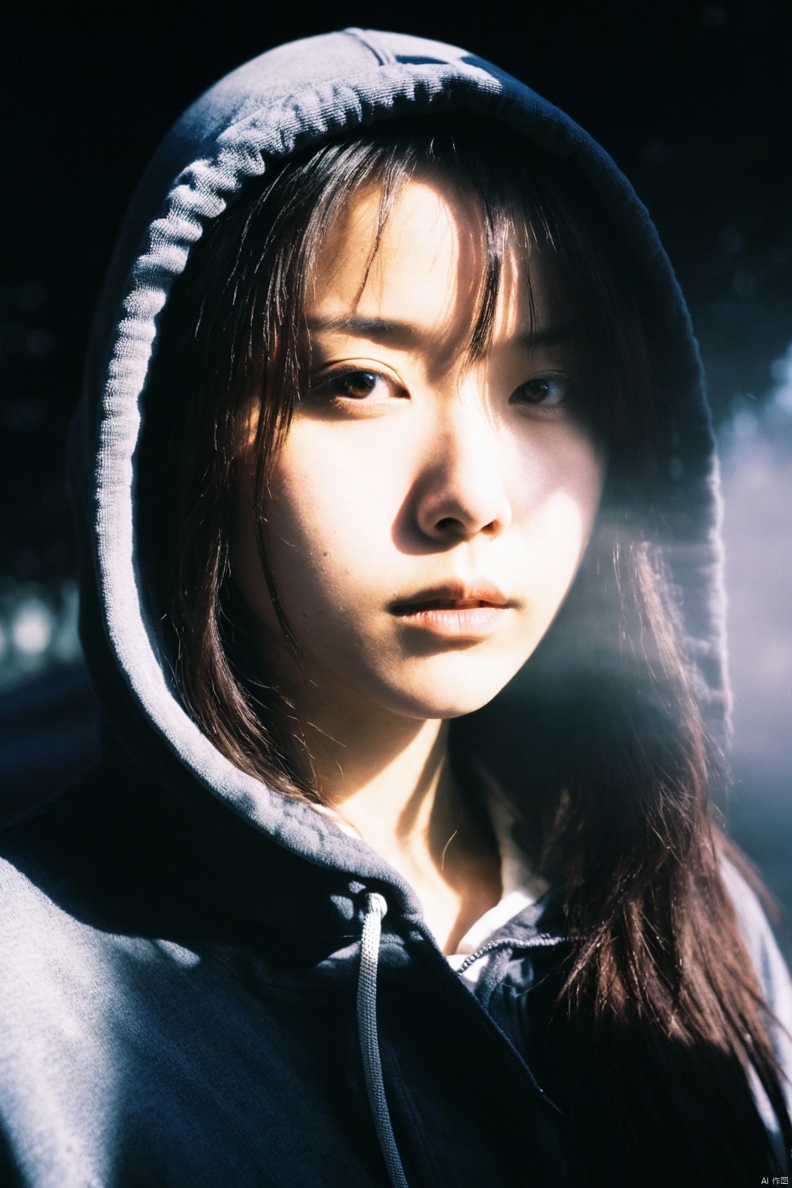  a girl close up,chinese girl,tyndall effect,Hoodie,foggy,dark shadow photography,surreal dramatic lighting shadow (lofi, analog)
, xxmixgirl, sunlight