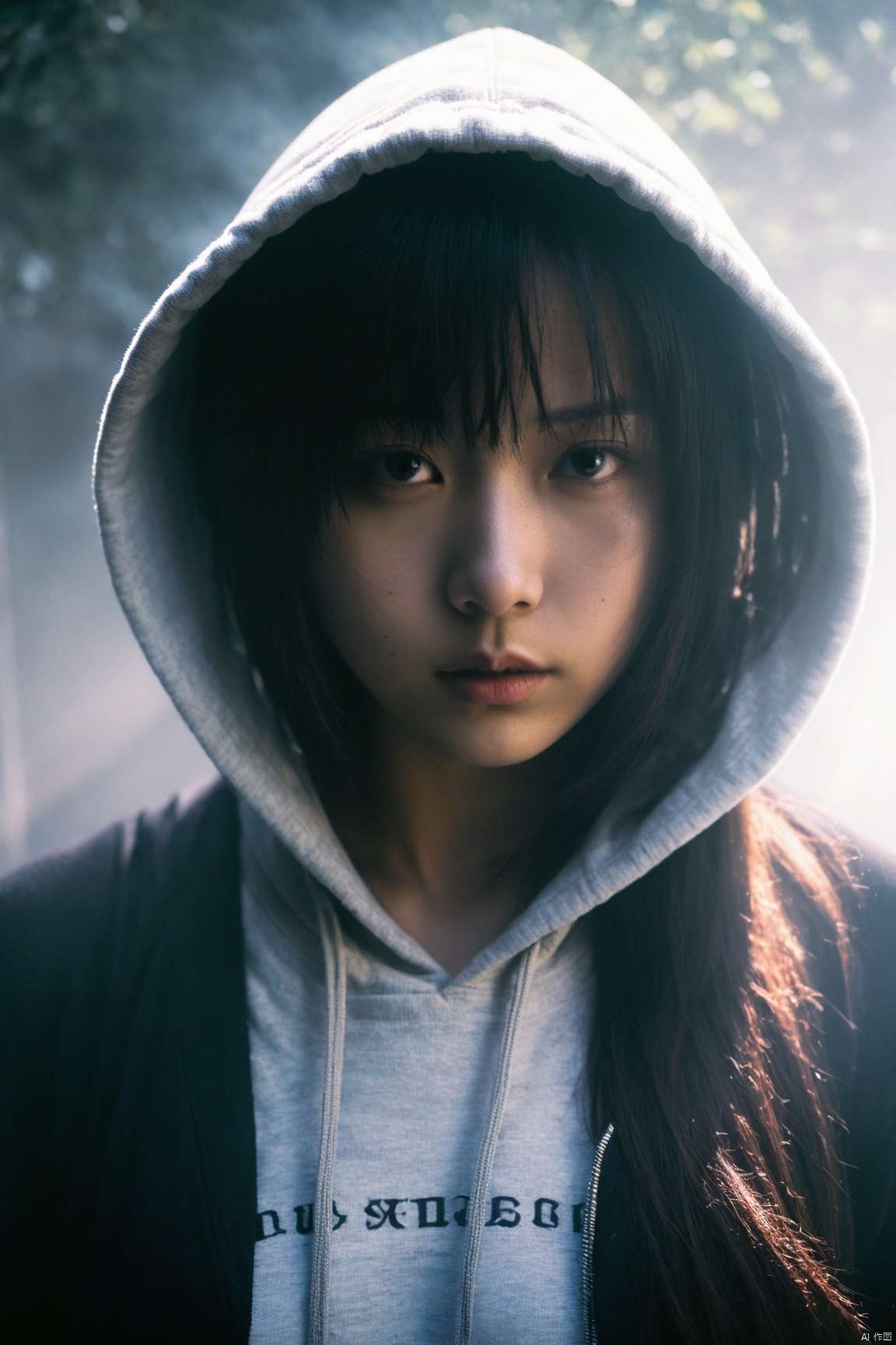  a girl close up,chinese girl,tyndall effect,Hoodie,foggy,dark shadow photography,surreal dramatic lighting shadow (lofi, analog)
, xxmixgirl, sunlight