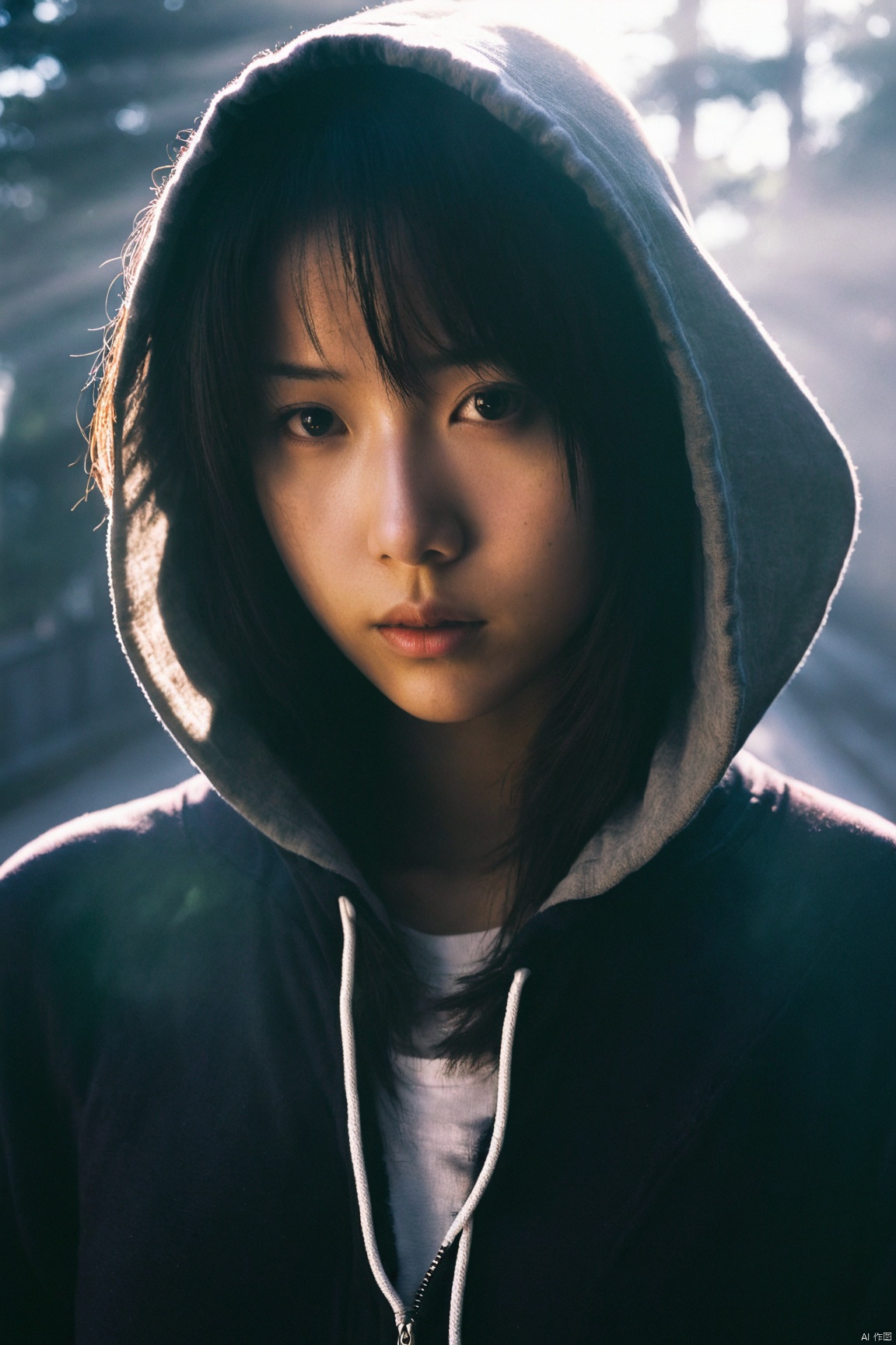  a girl close up,chinese girl,tyndall effect,Hoodie,foggy,dark shadow photography,surreal dramatic lighting shadow (lofi, analog)
, xxmixgirl, sunlight