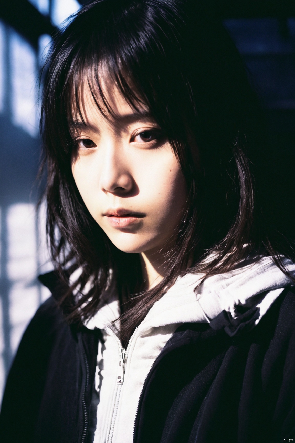  a girl close up,chinese girl,tyndall effect,Hoodie,foggy,dark shadow photography,surreal dramatic lighting shadow (lofi, analog)
, xxmixgirl, sunlight