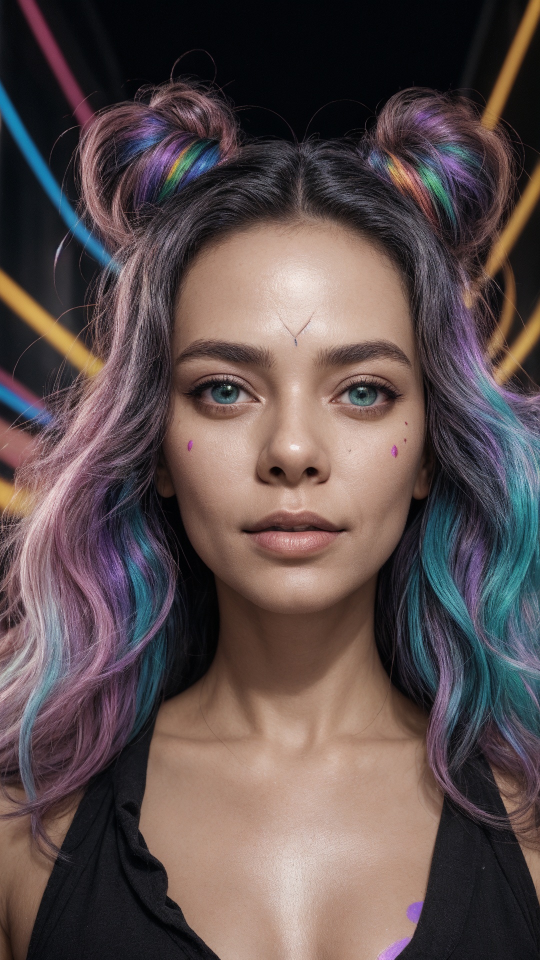 1girl,  A mesmerizing female cyberpunk street artist,  creating a vivid and detailed holographic mural in a neon-lit urban...