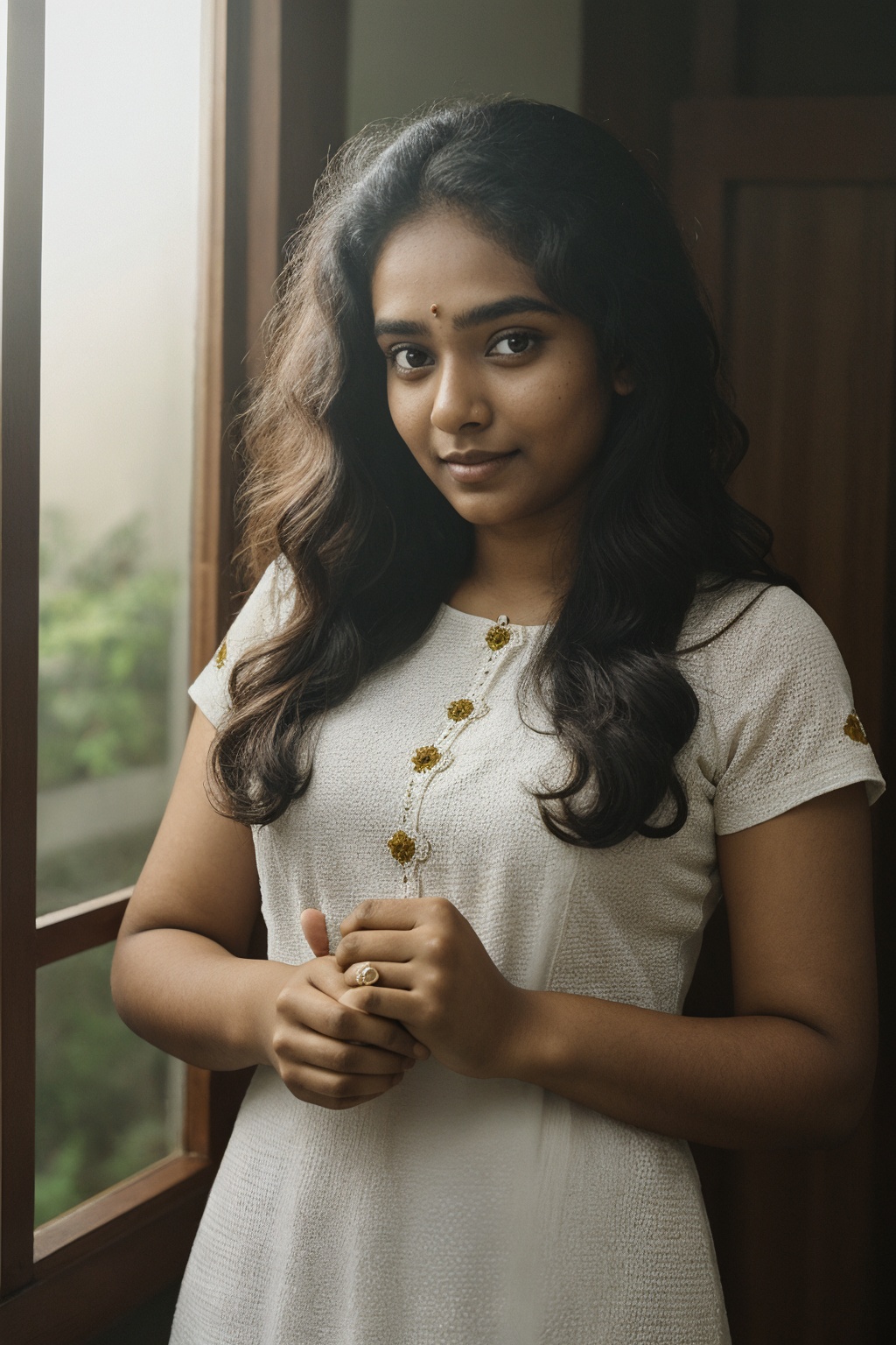 20 year old mallu woman,  long curly brown hair,  front view on Tensor.Art
