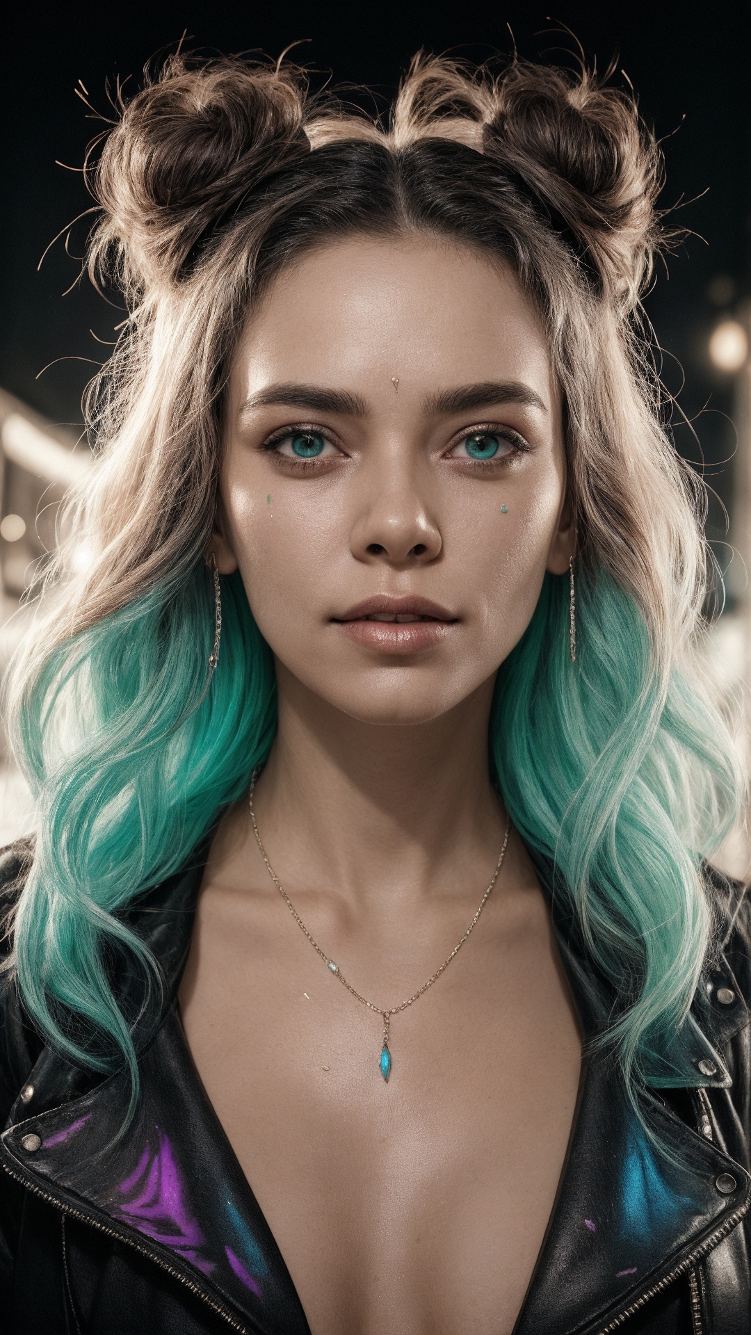 1girl,  A mesmerizing female cyberpunk street artist,  creating a vivid and detailed holographic mural in a neon-lit urban...