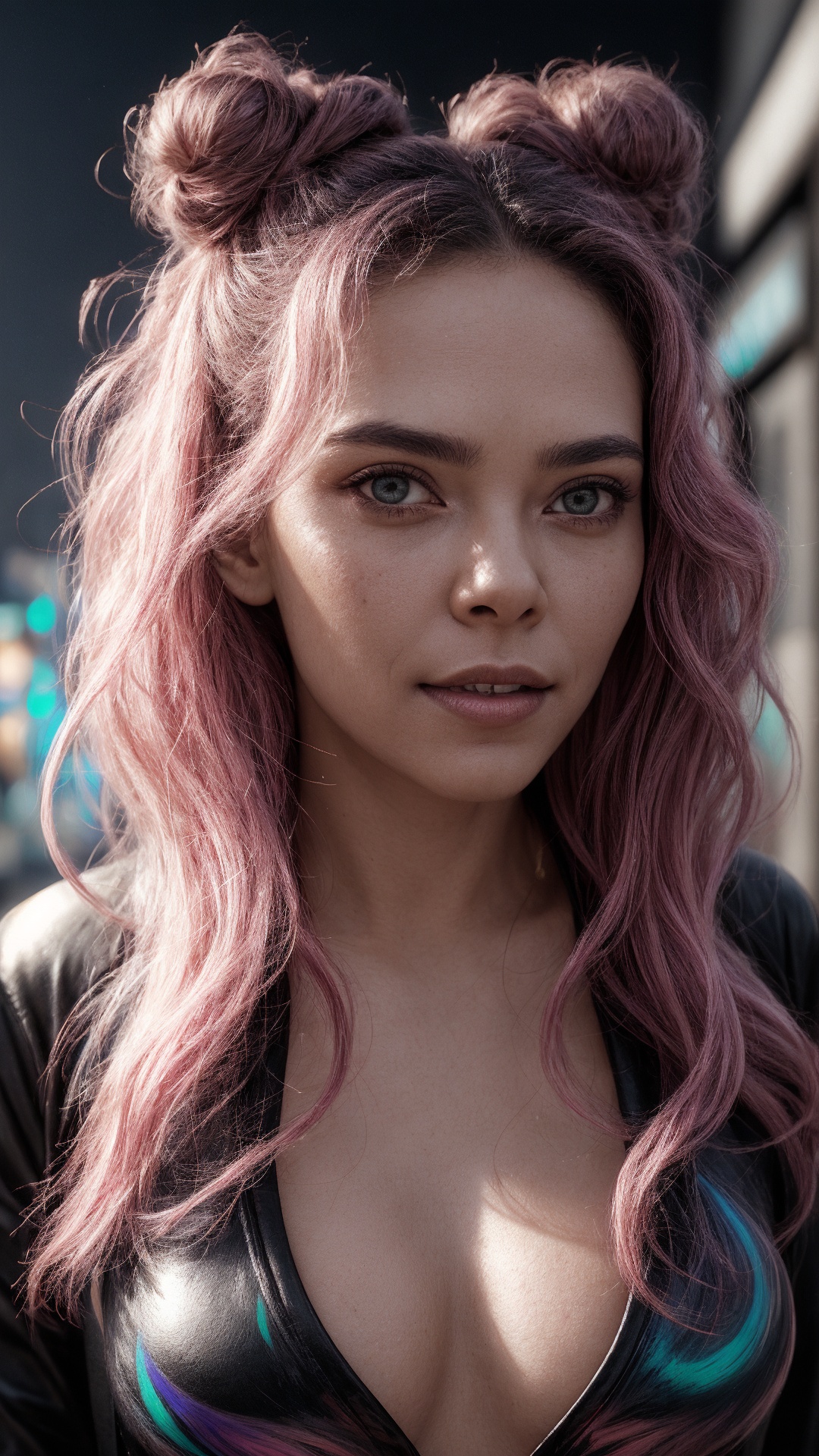1girl,  A mesmerizing female cyberpunk street artist,  creating a vivid and detailed holographic mural in a neon-lit urban...