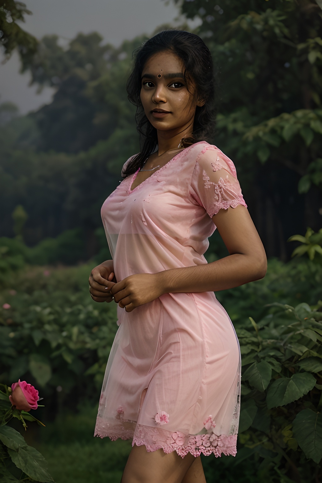 an indian women,  red pink lighting,  walking in pink rose garden on Tensor.Art
