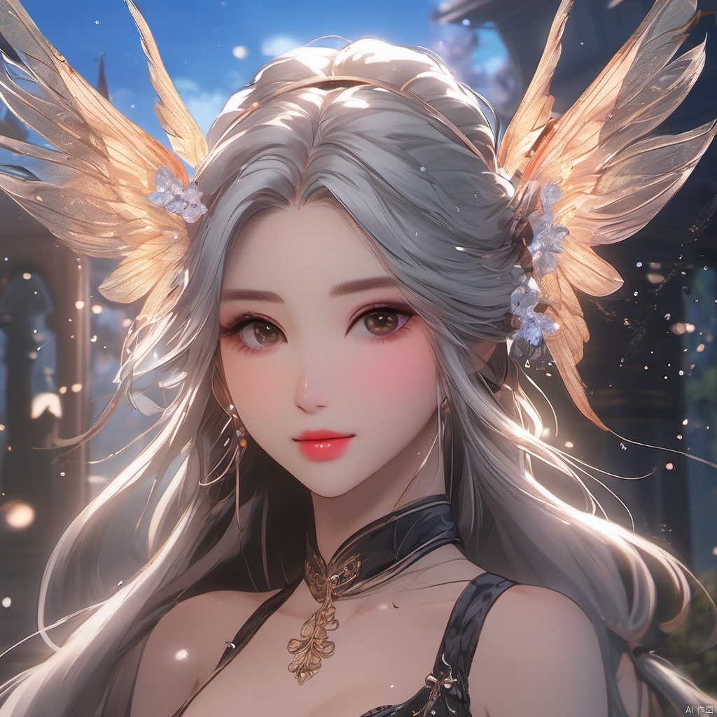  MTaier,masterpiece:1.4),(best quality:1.4),(extremely detailed CG unity 8k wallpaper:1.4),(best shadows:1.2),(ray tracing:1.2),(illustration:1.2),(high saturation:1.3),(magical 1girl:1.2),(loli and cute:1.3),(solo:1.3),( bloom:1.2),(upper body:1.6),(dynamic pose:1.3),(arms behind back:1.3),(look at viewer:1.2),((night_sky:1.5) and (galaxy with meteor:1.3)),(drak cemetery:1.5) and (clock tower:1.5),(outdoors:1.4),(finely:1.2),(twintails and handle hair and messy hair and floating hair and extremely long hair with black ribbon and ahoge:1.3),(white hair:1.4),(light red eyes:1.4),(beautiful delicate eyes with eyelashes and eyeshadow and eyeliner),(extremely beautiful face with light blush:1.3),(makeup:1.3),(light simle and opening mouth sightly),(bare shoulders and obvious collarbone:1.2),(huge gold magic circle in sky:1.5),(gold halo around:1.3),(big transparent clock behind back:1.3),(huge wings:1.4),(opening (Miko clothing:1.3) with button and golden edges:1.3),(medium breasts with black lace bras:1.4),(slim body:1.3),(++sweat++),(+++wet+++),(++light particles++),(sparking:1.4),(gold magic effects and gold currents surrounding body:1.4),(golden Fluttered detailed splashes:1.4),(crystals:1.3),(floating cross golden ribbon and lines:1.4),(tyndall effect and hires:1.4),fisheye,(Aestheticism Painting:1.3),(best illumination:1.2),(( transparent gold strips:1.3) everywhere),(depth of field:1.4)
