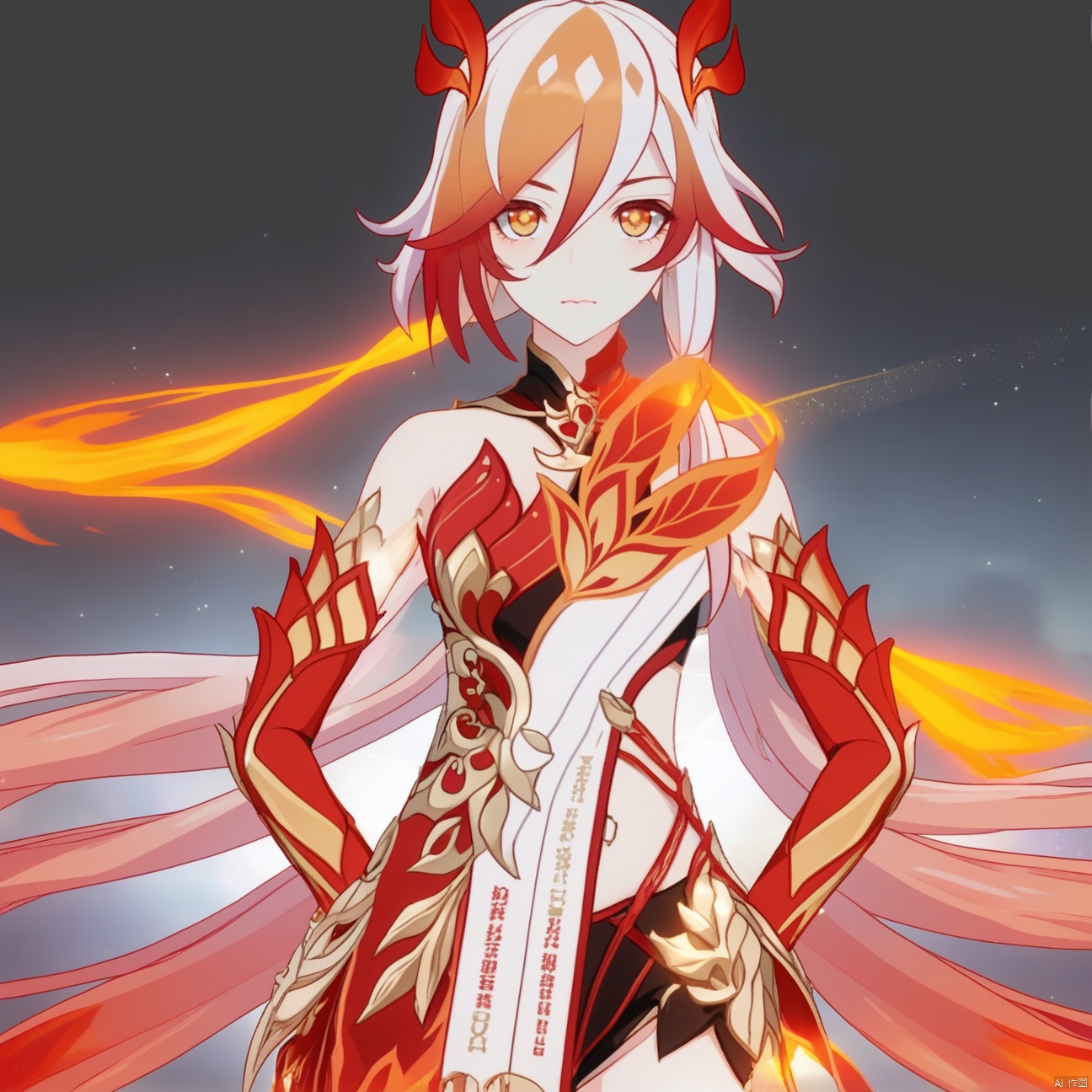  (masterpiece:1.3), (the best quality:1.2), (super fine illustrations:1.2), (Masterpiece), high quality, high detail,(white background:1.2), looking at viewer, (SOLO:1.4),outline,,simple background,fu hua,,(((full body,standing))), messy hair,bare shoulders,gauntlets,mechanical parts,white skin,phoenix,shorts,collarbone,jewelry,twintails,eyelashes,elbow gloves,armor,red legwear,thighhighs,boots,facial mark,head wings,red gloves,two-tone hair,earrings,gloves,tassel,leotard,skirt,dress,elbow gloves,twintails,bare shoulders,tattoo,phoenix,ribbon,red ribbon,bangs,white hair,orange eyes,streaked hair,fu hua,orange hair,fiery hair,hair between eyes,multicolored hair,fiery wings,jewelry,hair ornament,gloves,hair ribbon,pattern on hair,logo,yellow pupils,diamond shaped pupils,