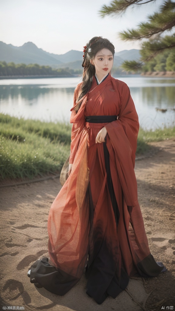 wuxia,1girl,solo,full body,tree,lake background,blue sky hanfu,embroidered flower patterns,traditional chinese clothing,Royal court,deep cleavage, slender and beautiful legs,horse,