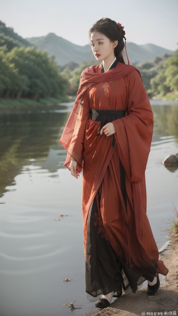 wuxia,1girl,solo,full body,tree,lake background,blue sky hanfu,embroidered flower patterns,traditional chinese clothing,Royal court,deep cleavage, slender and beautiful legs,