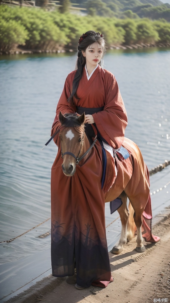 wuxia,1girl,solo,full body,tree,lake background,Blue clothes,embroidered flower patterns,traditional chinese clothing,Royal court,deep cleavage, slender and beautiful legs,((lead a horse)),