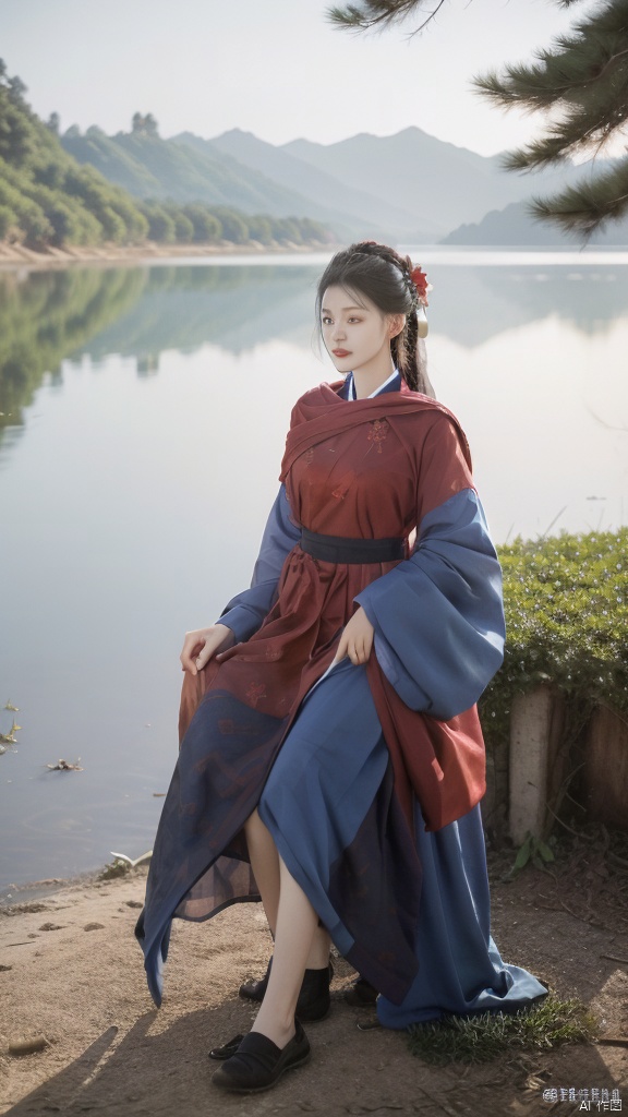 wuxia,1girl,solo,full body,tree,lake background,Blue clothes,embroidered flower patterns,traditional chinese clothing,Royal court,deep cleavage, slender and beautiful legs,((horse)),