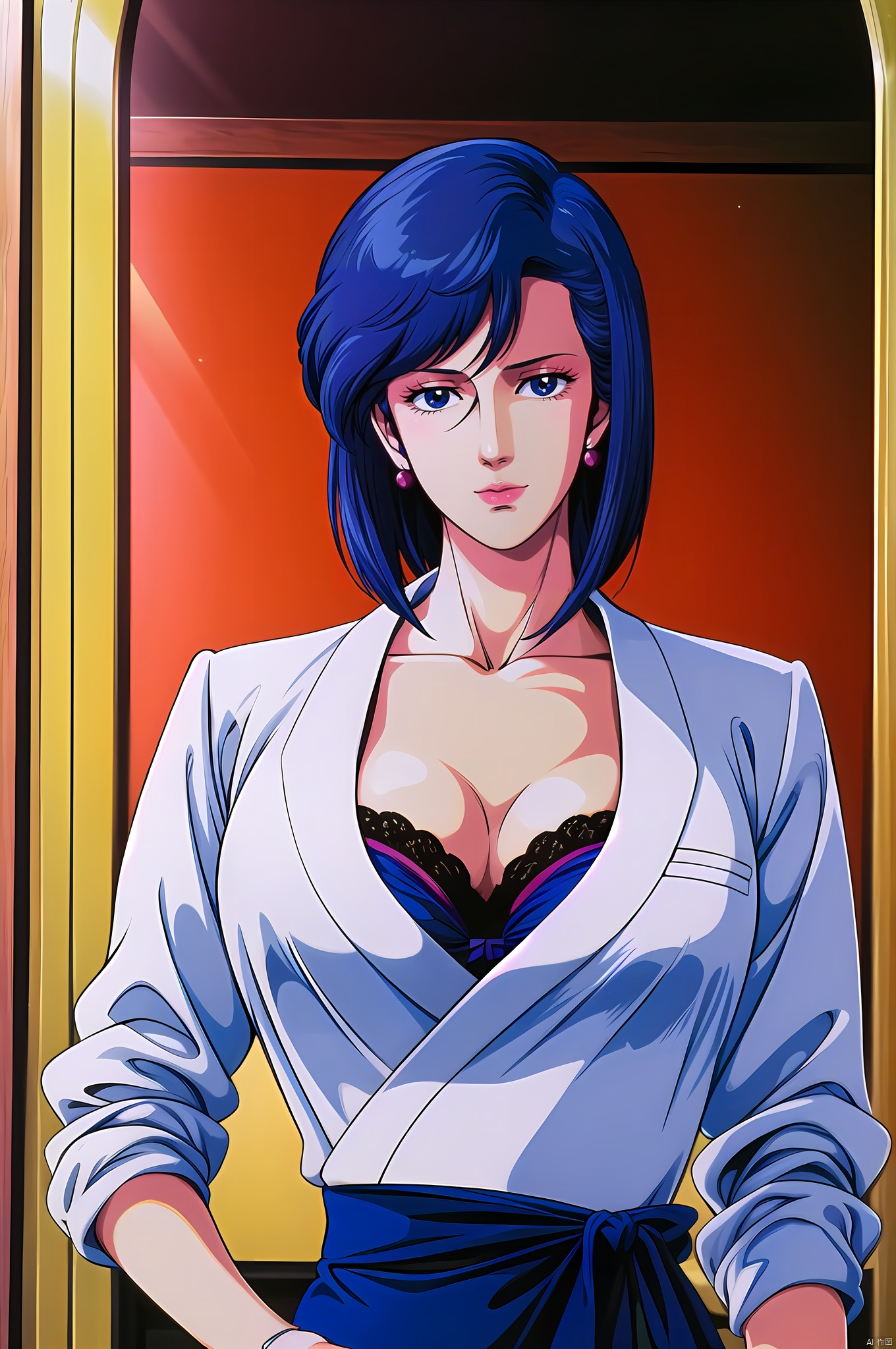 Saeko, 1girl, solo, retro artstyle, hand on hip, cleavage, earrings, breasts, jewelry, blue hair, blue eyes, 1990s \(style\), bra, upper body, looking at viewer, medium breasts, 1980s \(style\), collarbone, short hair, underwear, nice hands,  perfect balance,  (looking at viewer:1.5),  closed mouth,  (Light_Smile:0.3),  official art,  extremely detailed CG unity 8k wallpaper,  perfect lighting,  Colorful,  Bright_Front_face_Lighting,  White skin,  (masterpiece:1),  (best_quality:1),  ultra high res,  4K,  ultra-detailed,  photography,  8K,  HDR,  highres,  absurdres:1.2,  Kodak portra 400,  film grain,  blurry background,  bokeh:1.2,  lens flare,  (vibrant_color:1.2),  professional photograph,  (narrow_waist),  dark studio, dark studio, , Saeko