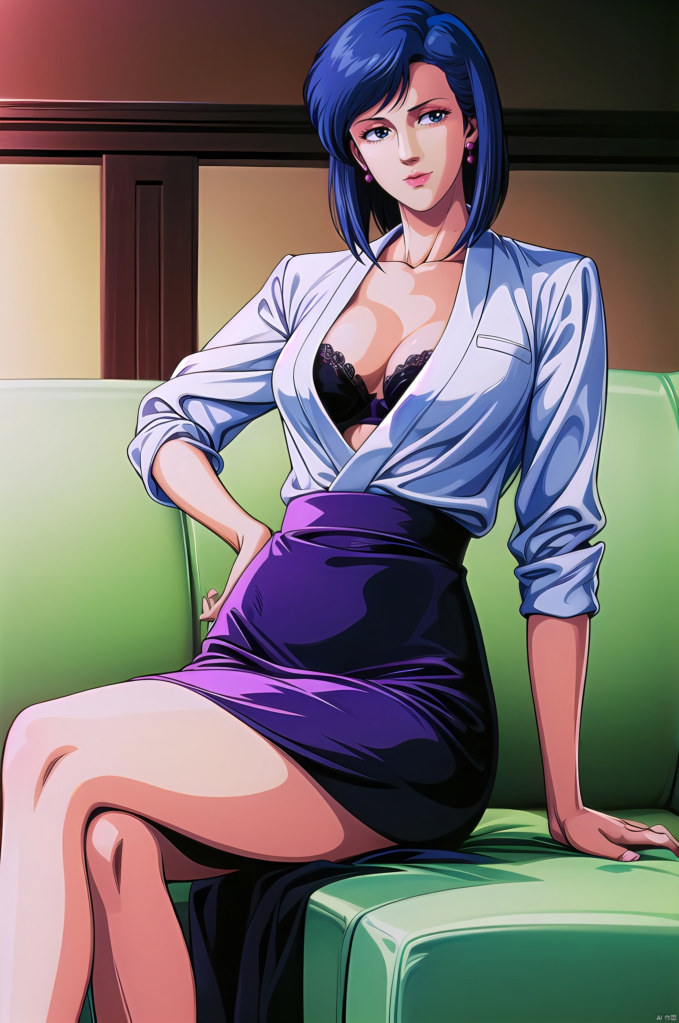 Saeko, 1girl, solo, retro artstyle, hand on hip, cleavage, earrings, breasts, jewelry, blue hair, blue eyes, 1990s \(style\), bra, looking at viewer, medium breasts, 1980s \(style\), collarbone, short hair, underwear,crossed legs, sitting, skirt, couch, ,nice hands,  perfect balance,  (looking at viewer:1.5),  closed mouth,  (Light_Smile:0.3),  official art,  extremely detailed CG unity 8k wallpaper,  perfect lighting,  Colorful,  Bright_Front_face_Lighting,  White skin,  (masterpiece:1),  (best_quality:1),  ultra high res,  4K,  ultra-detailed,  photography,  8K,  HDR,  highres,  absurdres:1.2,  Kodak portra 400,  film grain,  blurry background,  bokeh:1.2,  lens flare,  (vibrant_color:1.2),  professional photograph,  (narrow_waist),  dark studio, dark studio, , Saeko