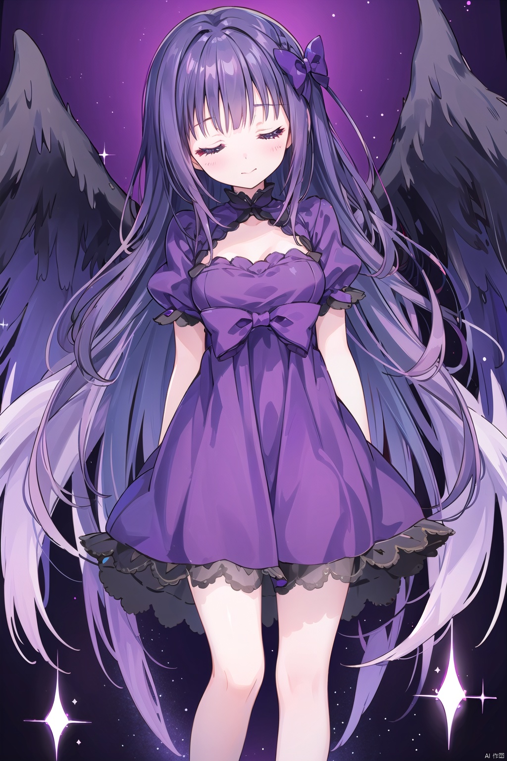 1girl, restia_ashdoll, closed eyes, bow, purple dress, large wings, black wings, purple hair, long hair, very long hair, solo, sparkle, sparkle background, dark background