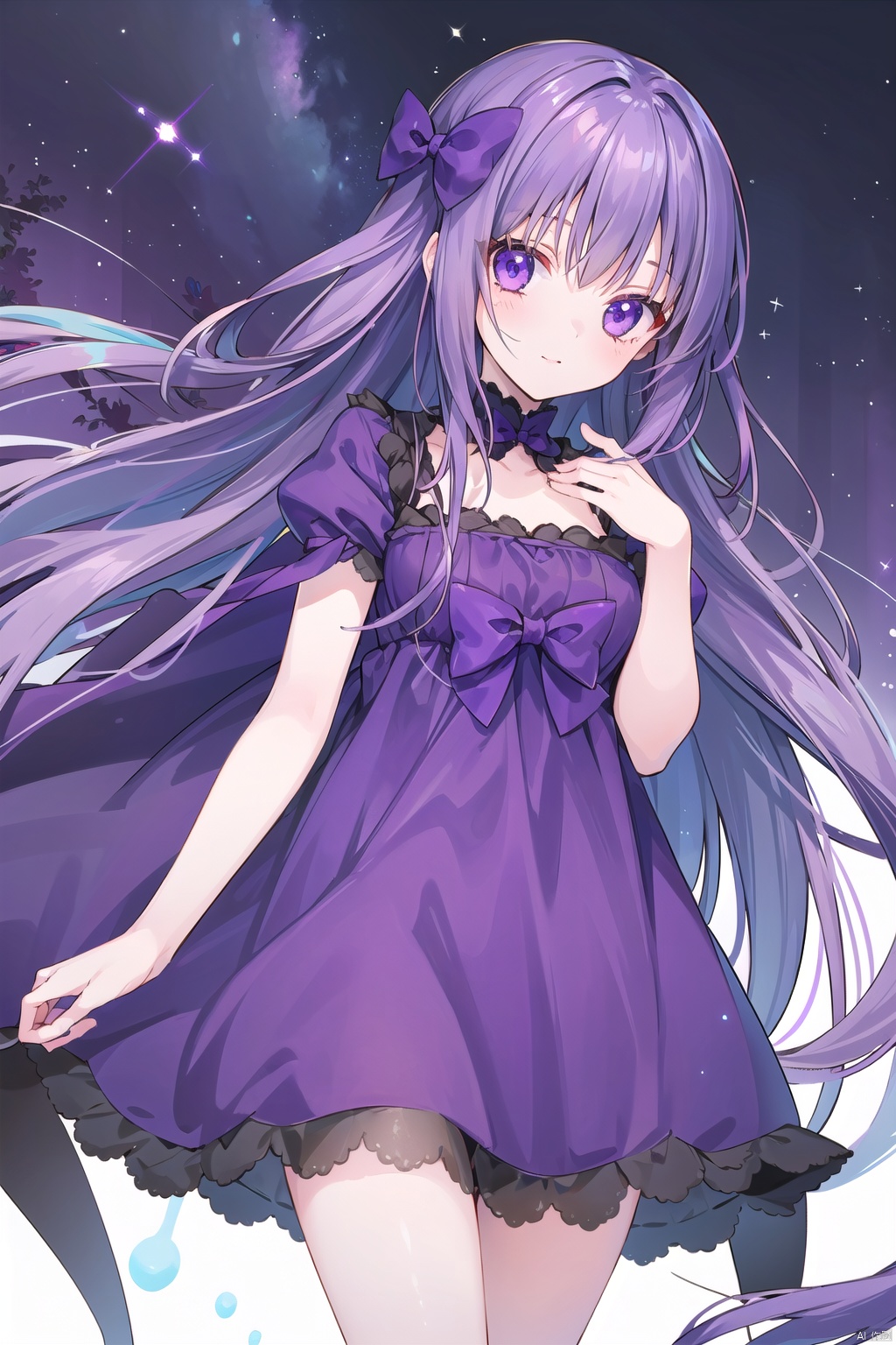 1girl, restia_ashdoll, solo, very long hair, purple hair, bow, purple dress, sparkle, night sky, midnight, dark theme