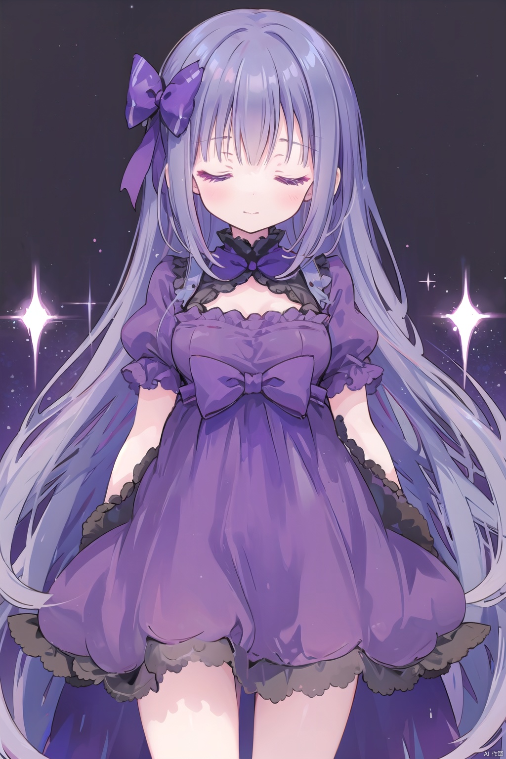 1girl, restia_ashdoll, closed eyes, bow, purple dress, large wings, black wings, purple hair, long hair, very long hair, solo, sparkle, sparkle background, dark background