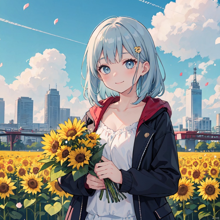  1 girl,flowers (innocent grey),Sky blue hair,standing,1girl, bangs, blue_sky, blush, bouquet, breasts, city, cityscape, cloud, cloudy_sky, collarbone, confetti, daisy, day, falling_petals, fence, ferris_wheel, field, flower, flower_field, hair_ornament, hairclip, holding, holding_flower, house, jacket, leaves_in_wind, long_hair, long_sleeves, looking_at_viewer, open_clothes, open_jacket, outdoors, petals, rose_petals, sky, skyline, skyscraper, smile, solo, sunflower, tower, upper_body, wind, windmill, yellow_flower, (wide shot, mid shot, panorama), blurry,Nebula, flowing skirts,（smoke）,Giant flowers, light master