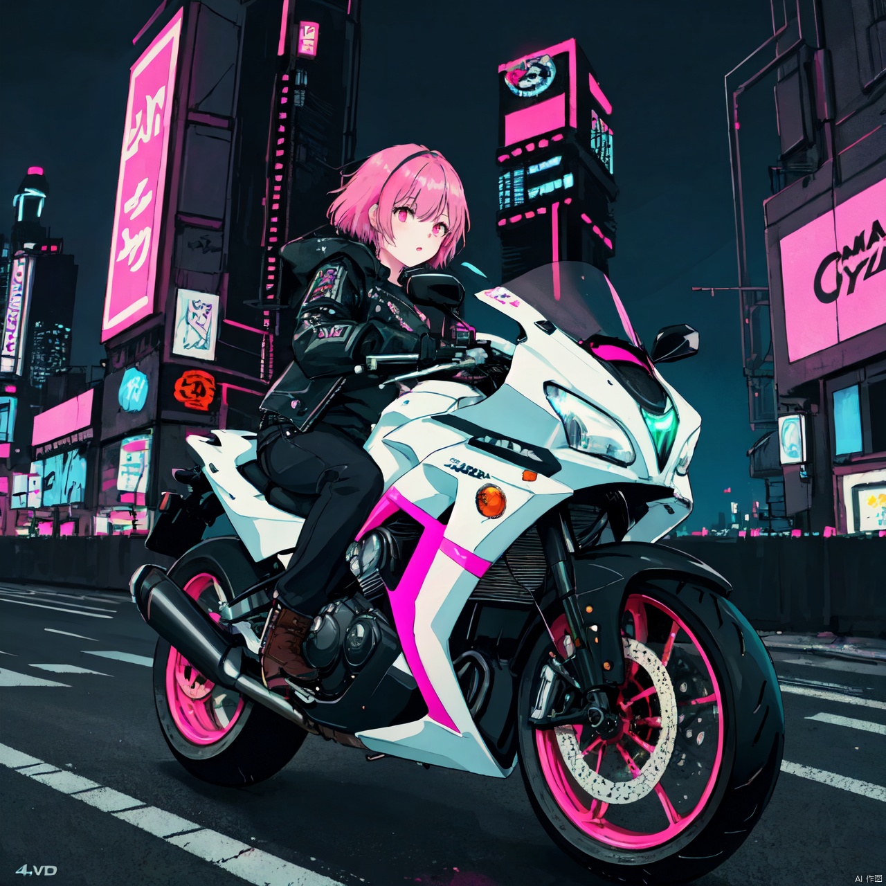  ultra-detailed, an extremely delicate and beautiful, extremely detailed wallpaper, Full Shot, a cyberpunk girl with short pink hair and cybernetic eyes wearing a leather jacket and a helmet riding a futuristic motorcycle in a neon-lit city, cyberpunk, motorcycle, city, neon, leather jacket, best quality, masterpiece, UHD, best quality, 4K
