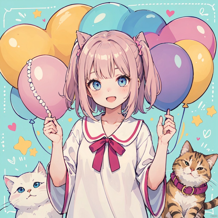  1girl, cute, cute, happy, cat, balloon, clearness