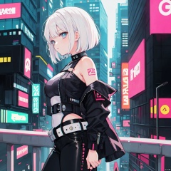  anime artwork lucy \(cyberpunk\), 1girl, white hair, against railing, arm rest, bangs, bare shoulders, belt, black belt, black leotard, black pants, blurry, bob cut, breasts, building, cityscape, clothing cutout, (cropped jacket), cyberpunk, from side, dramatic, key visual, vibrant, highly detailed,
