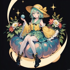  masterpiece, (illustration:1.2), (Cinematic Lighting), star, moon, bubble, fantastic, plant, best quality, 1girl, solo, hat, komeiji koishi, skirt, heart, shirt, thighhighs, green skirt, long sleeves, ribbon, looking at viewer, wide sleeves, third eye, frills, yellow shirt, hat ribbon, star (symbol), flower, green hair, black headwear, full body, short hair, blue eyes, blush, frilled sleeves, frilled shirt collar, gradient, green eyes, collarbone, frilled skirt, hat bow, yellow ribbon, bow, eyeball, floral print, yellow bow, blouse, parted lips, heart of string, bangs, open mouth, boots