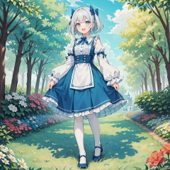 masterpiece, best quality, best quality, Amazing, beautiful detailed , The morning of green courtyard with flourishing flowers and plants in spring, eyes, 1girl, finely detail, Depth of field, extremely detailed CG unity 8k wallpaper, full body, (alice), alice in wonderland, Blond Hair, Blue hair band, cowboy shot , hiten_1, smile, game_cg, strong rim light, {close-up}, blunt_bangs, ((( full body))), (floating hair), (looking_at_viewer), open mouth, (looking_at_viewer), open mouth, blue eyes, Blonde_hair, Beautiful eyes, gradient hair, ((white_frilled_dress)), ((white pantyhose)), (long sleeves), (juliet_sleeves), (puffy sleeves), white hair bow, Skirt pleats, blue dress bow, blue_large_bow, (((stading))), sleeves past wrists, sleeves past fingers,evil