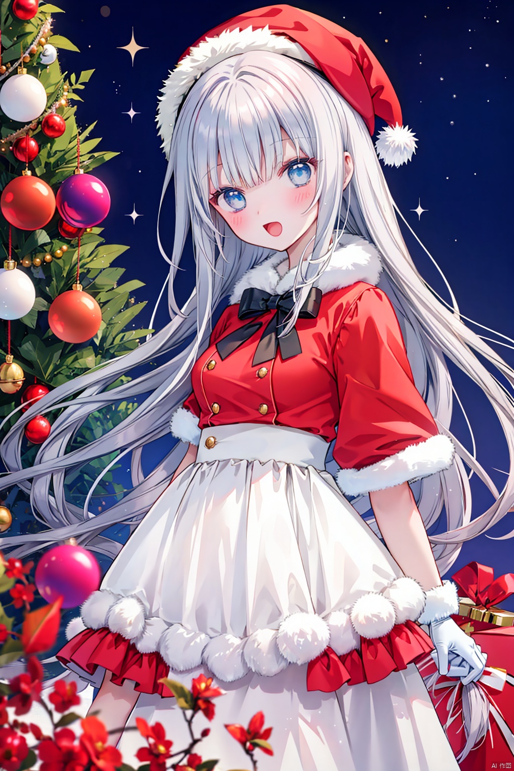 est quality,  masterpiece,  A girl like princess,  bell,  blush,  christmas,  christmas ornaments,  christmas tree,  flower,  food,  fur trim,  gift,  gloves,  blue eyes,  hat,  holly,  looking at viewer,  open mouth,  red flower,  santa hat,  shorts,  smile,  solo,  sparkle,  star \(symbol\),  white glove,
